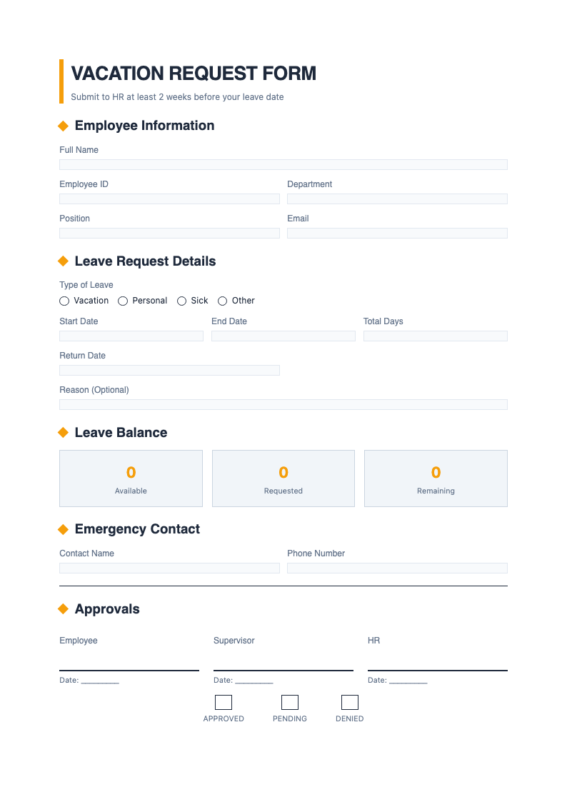 Contemporary professional vacation form